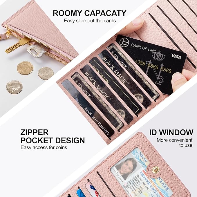 Women's Wallets - Slim Bifold RFID Blocking Wallet Leather Ladies Multi Card Holder Wallet with 2 Zipper Pocket (Pink)