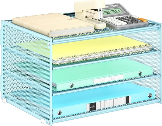 Lavatino 3-Tier Letter Tray Desk Paper Organizer – Blue Mesh Metal File Tray Organizer for Desk, Office Supplies & Home Organization | Fits A4/Letter Paper, Mail, Magazines and Office Accessories