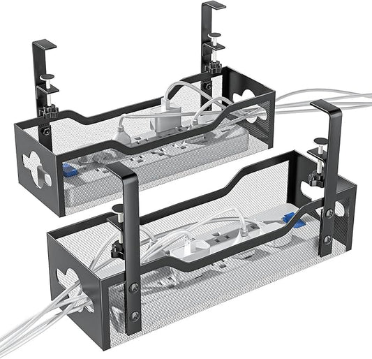 2 Pack Under Desk Cable Management Tray, 13.38" Cable Organizer No Drill, Quszmd Standing Cord Organizer and Wire Management - Black