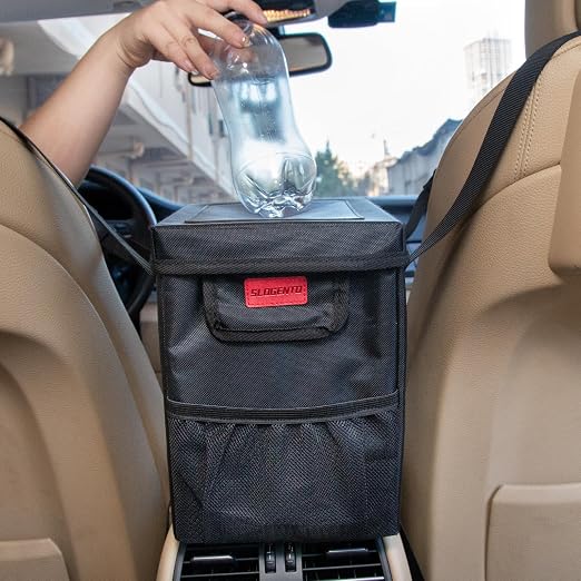Hanging Car Trash Bag with Lid, Collapsible Garbage Bag with Pockets, Car Garbage Can for Central Control Leak-Proof Storage Organizer Box 1.76 Gallon Capacity Multipurpose Trash Bin