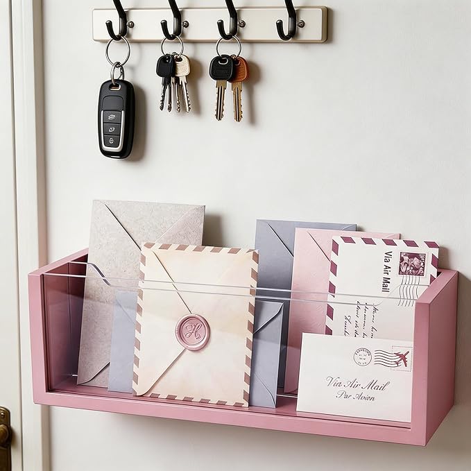 Aesthetic Pink Mail Organizer with Clear Acrylic Dividers - Adjustable Desk & Wall Mount Letter Holder, Modern Paper Sorter for Home Office Decor
