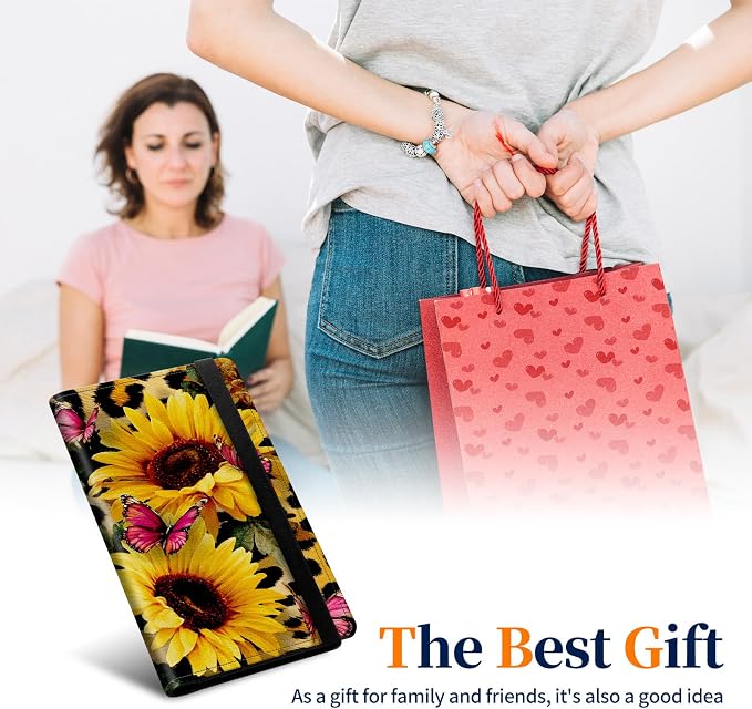 Premium PU Leather Checkbook Cover for Men & Women,RFID Blocking Slim Check Book Holder with Duplicate Check Divider & Pen Holder,Fits Standard Personal Checks,Sunflower Leopard Print