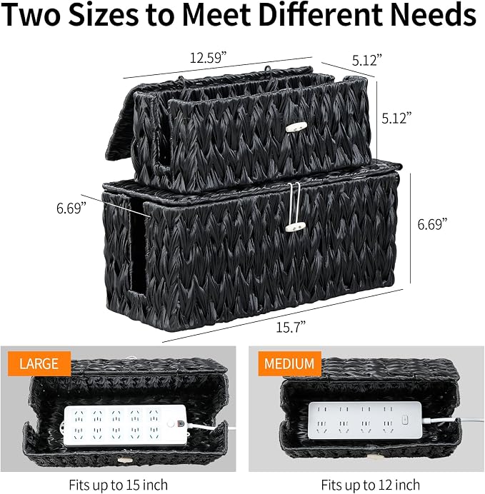 Coeusy Black Cable Management Box,2 Pack Large & Medium Rattan Cable Organizer Box for Power Strip,2 Open Slots Cords Hider Box for TV Wires, Computer, Router, USB Hub and Under Desk Power Strip