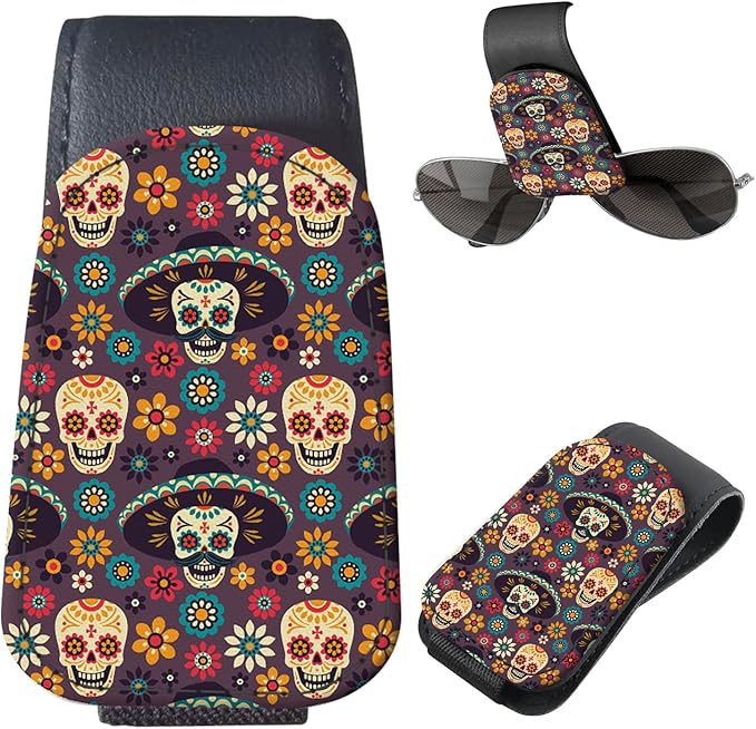 Sunglasses Holder for Car Visor, PU Leather Glasses Clip Organizer, Cute Magnetic Eyeglass Holder for Vehicle Sun Visor, Car Interior Accessory for Women & Men Sugar Skull Floral
