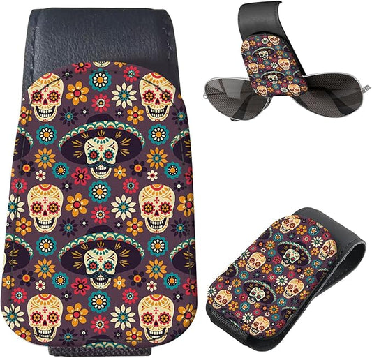 Sunglasses Holder for Car Visor, PU Leather Glasses Clip Organizer, Cute Magnetic Eyeglass Holder for Vehicle Sun Visor, Car Interior Accessory for Women & Men Sugar Skull Floral