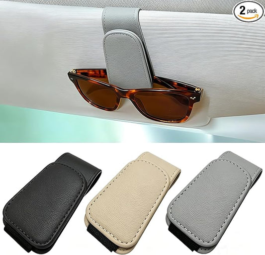 EldHus Sunglass Holder for Car Visor - 2 Pack Magnetic Car Glasses Holder Clip, Leather Eyeglass Holder for Car, Universal Sunglasses Clip for Car Visor, Gray