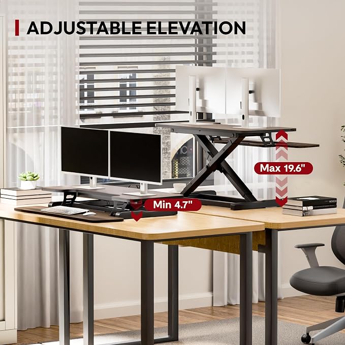 SANODESK 36" Standing Desk Converter, Smooth Mechanical Spring Effortless Lift Sit-Stand Riser for Dual Monitors, Heavy Duty Workstation with Keyboard Tray, Walnut