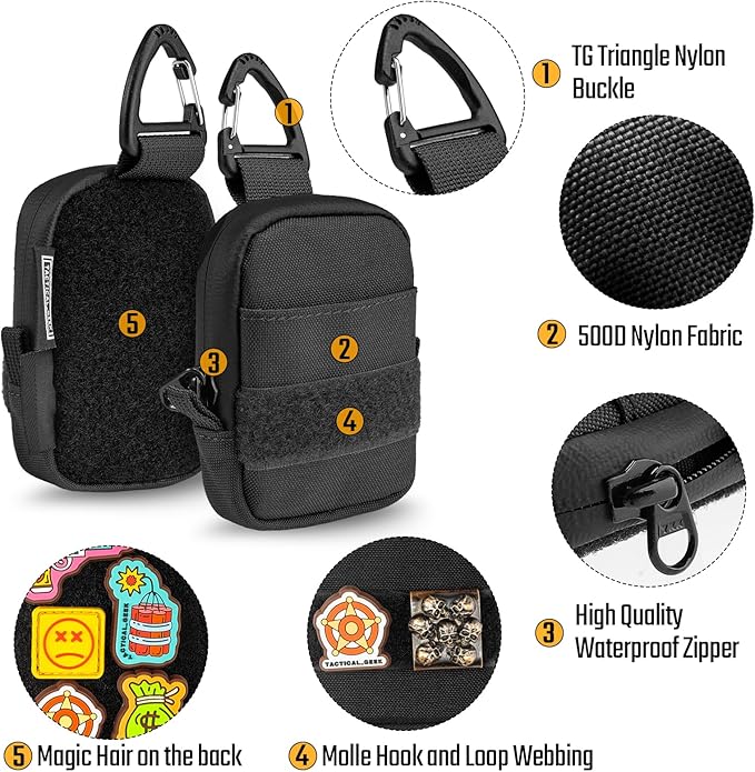 TACTICAL GEEK Storage A6 Mini Size EDC Utility Pouch, Mini Coin Purse with Custom Carabiner, EDC Mini Size Pocket Organizer, Wireless Headset Pack, Key Waist Case for Daily Carry Black
