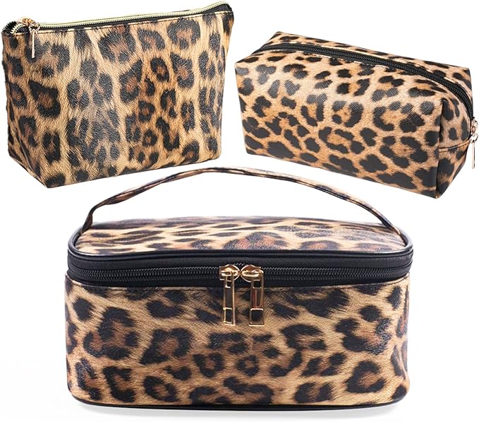 3 Pieces Leopard Print Leather Cosmetic Bags Set,Travel Toiletries Storage Case Portable Cheetah Makeup Organizer Pouch for Women Purse