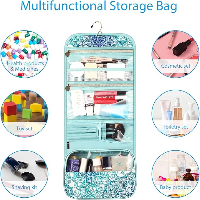 Fintie Portable Toiletry Cosmetic Travel Bag, Large Water Resistant Hanging Makeup Organizer Storage Pouch Case for Women Girls (Emerald Illusions)
