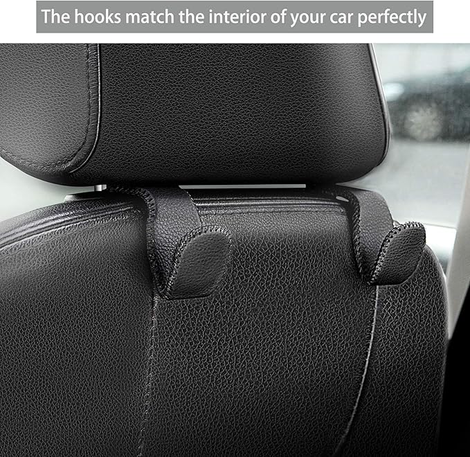 Headrest Hooks for Car, Back Seat Organizer Black Leather Hanger Holder Hook, for Hanging Purses and Bags and Coats, Pack of 2