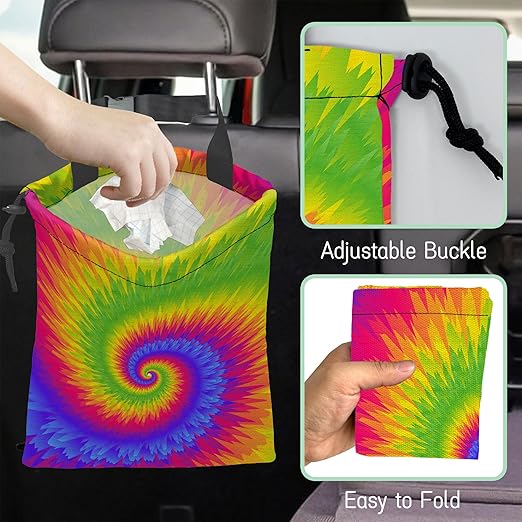Rainbow Tie Dye Car Garbage Bag,Waterproof Small Car Trash Bag Hanging Back of Seat,Drawstring Hanging Car Trash Bag with Adjustable Buckle for Car Accessories