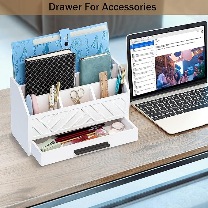 Wood Desk Organizer and Accessories with Drawer, Bill Mail Organizer and File Mail Holder for Office Supplies, Modern Desk Accessories & Workspace Organizers for Desk Organization