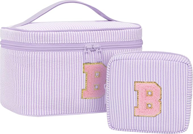 MONSTINA Cute Makeup Bag for Girls&Women Personalized Initial Toiletry Bag,Make Up Case for 11 12 13 14 15 16 Years Old Teen Girls Gift Trendy Stuff Birthday Gift for Her,2PCS Purple B