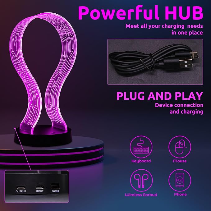 Lampeez Light Up Headphone Stand, Acrylic Desk Accessory Headset Holder with PCB Pattern and 16 Color LED Lights, 1 USB and 1 Type-C Charging Ports, for Gamers Music Lovers Boys Men