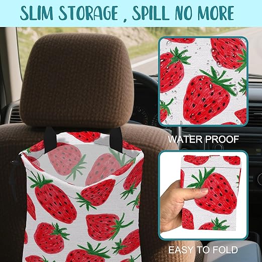 Car Garbage Bag Red Sweet Strawberry Drawstring Car Trash Bag Hanging for Back Seat with Adjustable Buckle Canvas Vehicle Trash Can Easy-to-Install