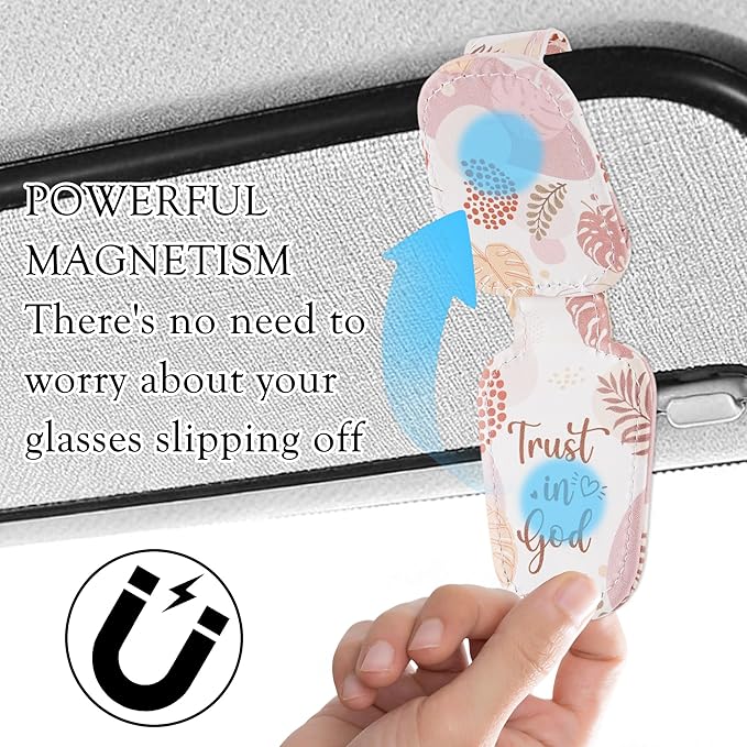 HemerVows Sunglass Holder for Car, Bohemian Trust in God Floral Print Magnetic Leather Visor Clip, Universal Sun Visor Accessory Eyeglass Holder for SUV Pickup Truck