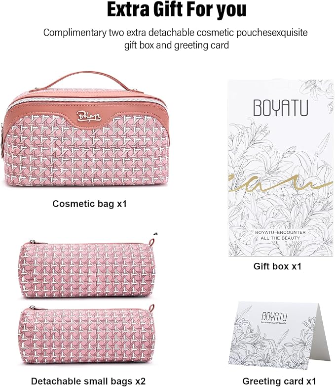 BOYATU Travel Makeup Bag Cosmetic Bags for Women: Large Capacity 3 Pcs Set Make up Bag with Compartments - Waterproof Vegan Leather Toiletry Organizer Bags with Handle (M-79Pink)