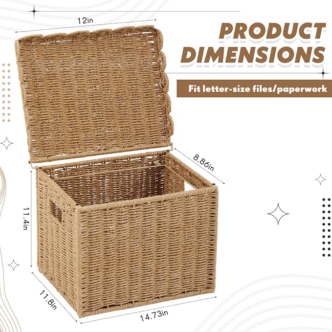 Jingmore Paper Rope File Storage Box with Scalloped Lid Collapsible Letter Size Hanging Filing Organizer Basket for Home Office, Woven Decorative Document Storage Box