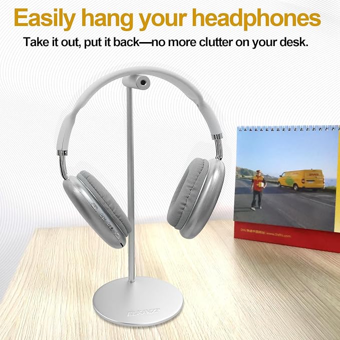 Aluminium Headphone Stand, Silver Desktop Holder for Over-Ear Headphones, 98mm Round Base, 280mm Height, 80mm Support Arm, with Installation Tools