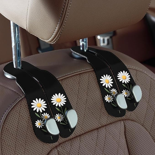 CoBak Purse Hook for Car - Universal Premium Stitched Leather and Aluminum-Magnesium Alloy Double Car Seat Back Storage Hook for Purses, Handbags, Bags (2 Pack),Daisy