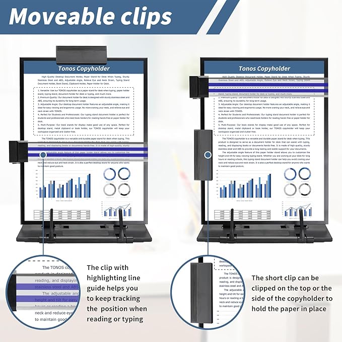 TONOS Paper Stand Document Holder - Quality Document Holder for Desk, Paper Stands for Desk When Typing, Sturdy Stainless Steel Copy Holder, Adjustable Angle, Papers Holder Stand for Desk Typing
