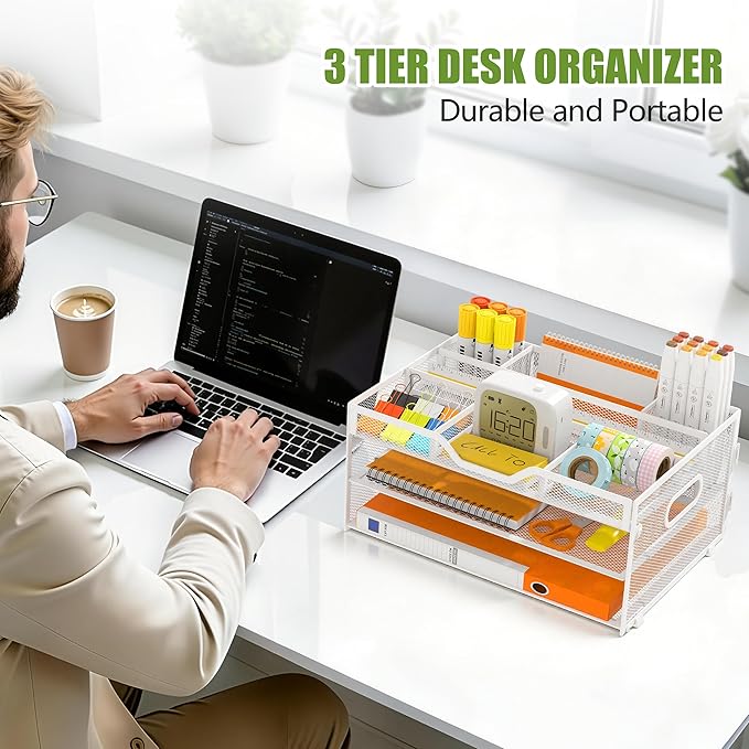 3-Tier Letter Paper Tray Desk Organizer, White Desktop File Rack Holder with 3 Drop in Pencil Holder and Sliding Tray for Office Classroom and Home Supplies Organization Storage