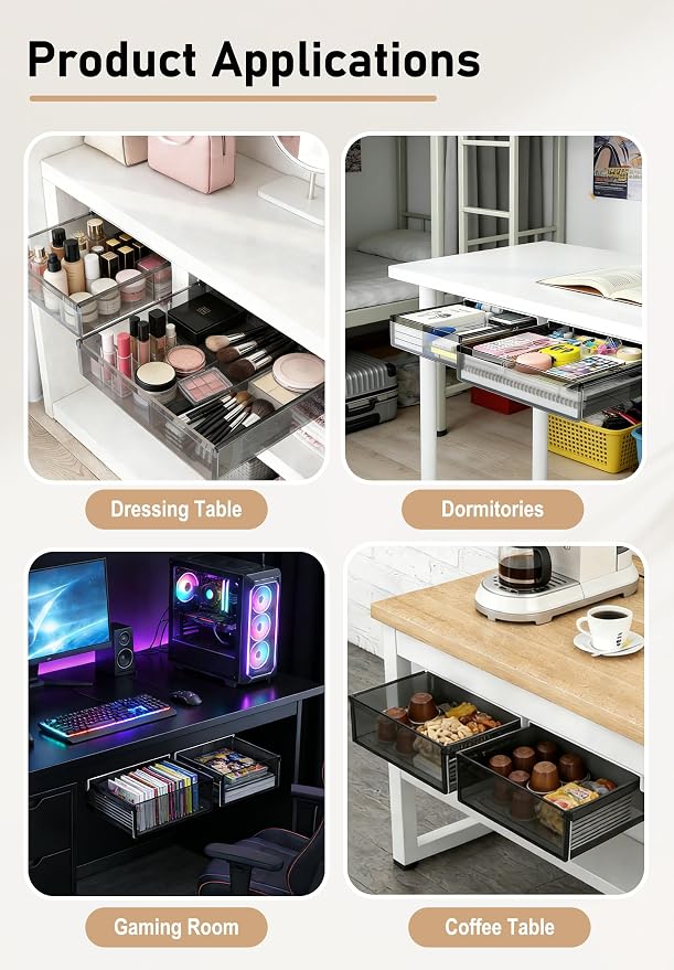 Under Desk Drawer Set of 2, Smooth Slide-Out Storage (Medium/Small), Thick PET Material, For Home Office, Desk & Coffee Table