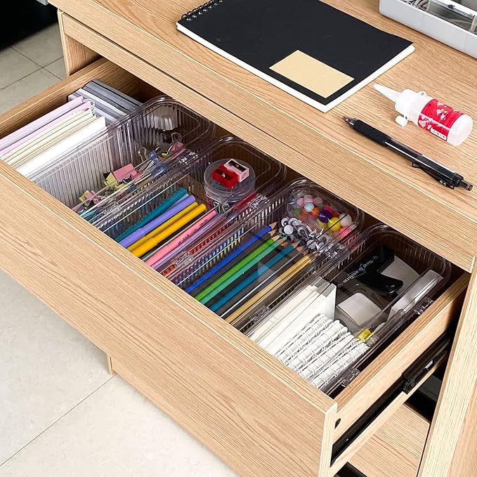 Clear Pen Organizer with Lid, Plastic Desk Drawer Accessories Storage Box for Home Office and School Classroom Organization, Art and Crafts Case for Marker, Pencils, Stationery