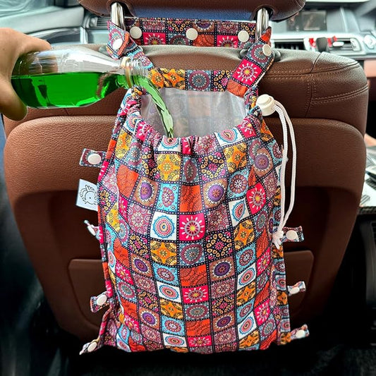 FLOCK THREE Leak-Proof Waterproof Car Trash Bag Foldable Multipurpose Trash bin Container Storage Cute Grocery Organizer Bag for Automotive Front or Back Seat in Cars SUVs and Trucks (Batik)