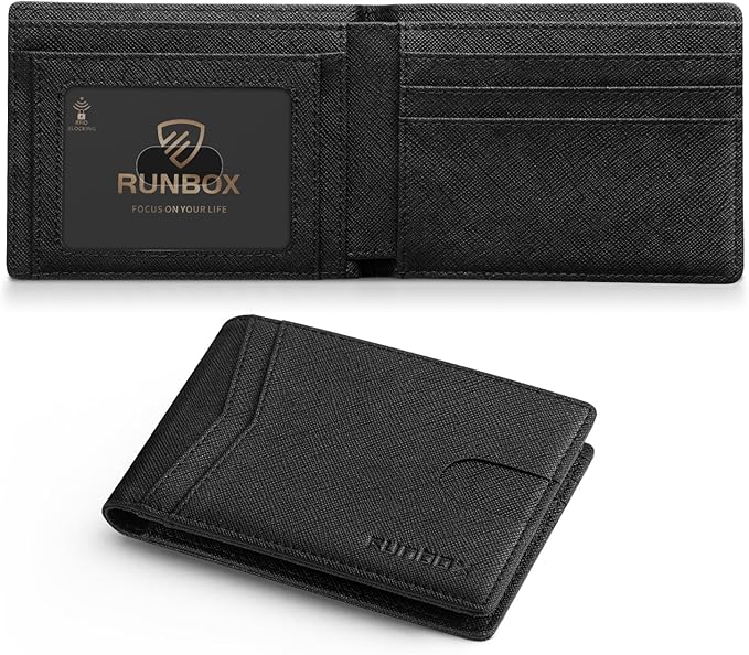 RUNBOX Wallet for Men Slim Leather Bifold RFID Blocking Minimalist Front Pocket Design with Gift Box