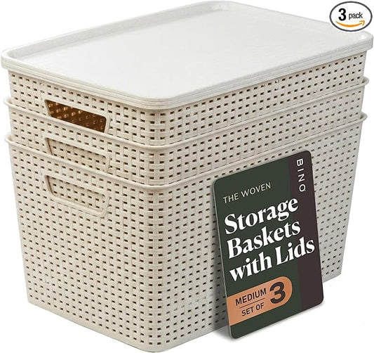 BINO | Plastic Storage Baskets with Lids, 22 Liter - 3 Pack, Natural | THE WOVEN COLLECTION | Storage Basket for Shelves | Woven Storage Baskets for Organizing Bins | Pantry Shelf Organizer Bin