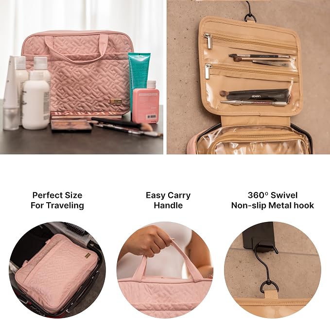 Carrywell Travel Toiletry Bag for Women with Hanging Hook, Makeup Organizer Case, Water-Resistant Cosmetic Bag For Full-size Containers, Toiletries, Pink Large, Not Made In China