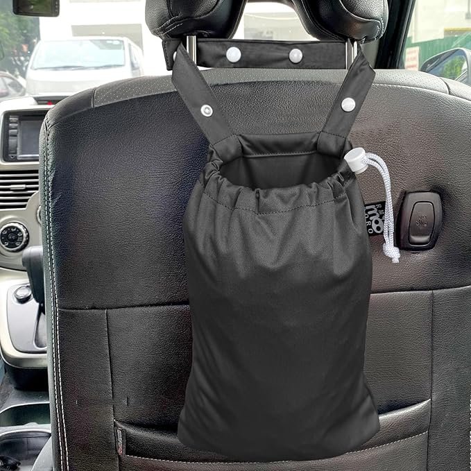 Waterproof Car Trash Bag Reusable Portable Garbage Can with Drawstring Top Adjustable Hanging Strap Leakproof & Washable for Cars SUVs & Trucks (Black)
