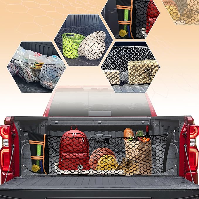Envelope Style Truck Bed Cargo Net Compatible with GMC Sierra 1500 & Chevy Silverado 1500 2013-2024,Highly Elastic Truck Cargo Net for Silverado Accessories, Upgraded Storage Bag & 4.5mm Bungee