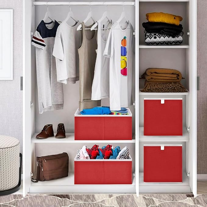 Crimson Red Solid Color Storage Baskets, 15.75x10.63x6.96 inch Foldable Decorative Fabric Storage Bins, Closet Organizer for Shelves, Clothes, Books & Bedroom Organization