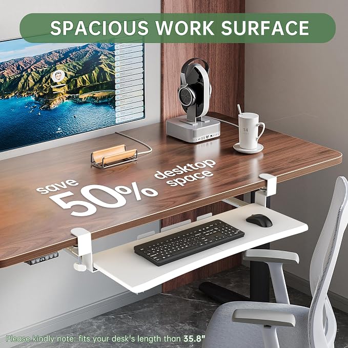 UPGRAVITY Extra Large Keyboard Tray Under Desk - Slide Out with Sturdy C-Clip Mount System, 31.5" (35.8" Including Clamps) x 11.8" Put-Out Keyboard Tray Computer Drawer for Ergonomic Typing, White