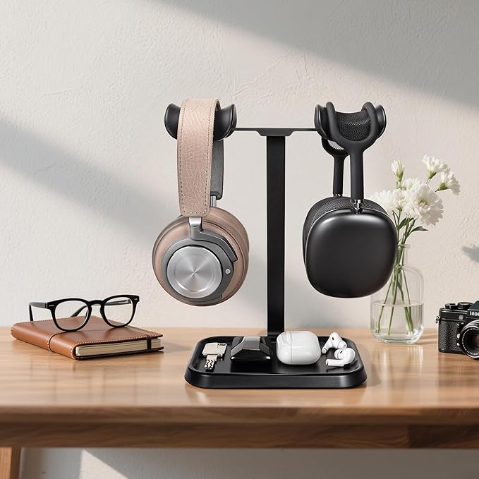 Dual Headphone Stand, Double Balanced Headset Stand with Storage Tray, Heavy Base Gaming Headset Holder for Desk (Black)