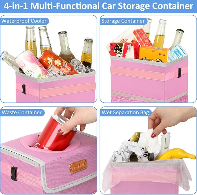ELONGRIVER Car Trash Can for SUVs, Trucks, Vans - Pink, 2 Gallons Capacity, Leak-Proof Liner, Utility Clasps, Cute Design