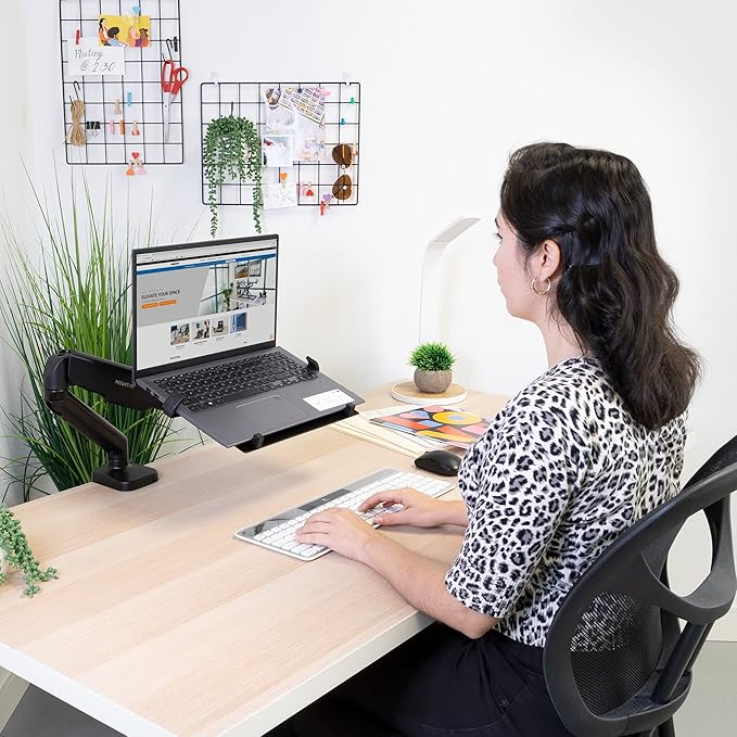 Mount-It! Laptop Desk Mount Arm with Gas Spring, Height Adjustable Laptop Stand for Desk, Fits Laptops up to 17 Inch, Full Motion Laptop Tray Mount with Clamp or Grommet Installation