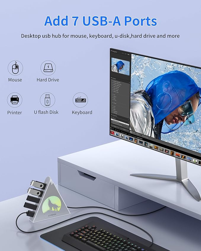 7 Port USB Hub, JoyReken USB 3.0 Hub with 2 FT Long Cable, Vertical USB Extension Hub for Laptop, MacBook,Xbox,PS4/5, Flash Drive, XPS, PC, Flash Drive, Game Console, Printer, Keyborad, Mouse (Silver)