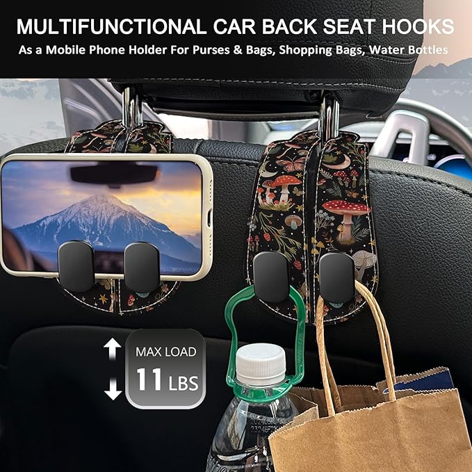 Blusabaca 2PCS Car Seat Back Storage Headrest Hooks, Mushroom Moon Purse Holder Bags Hanger, PU Leather Double Metal Hook for Backseat Organizer, Women Car Accessories Organization