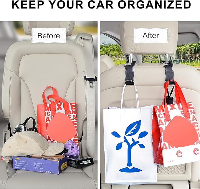 Car Headrest Hooks, 2 Pack Leather Car Purse Holder, Car Back Seat Organizer for Purse Coats Umbrellas Groceries