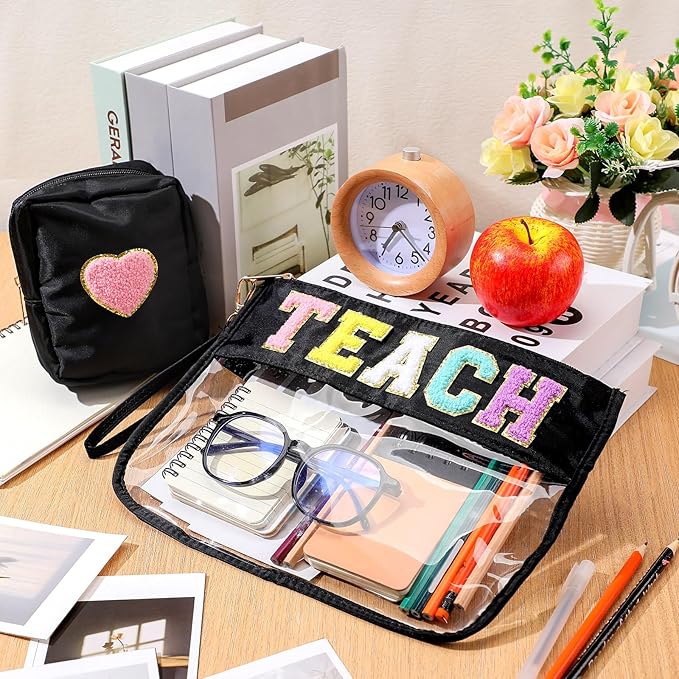 Hillban 2 Pcs Teacher Appreciation Gifts Teach Chenille Letter Clear Makeup Bag Pouch, Monogram PVC Clear Zipper Pouch with Wristlet Travel Cosmetic Bag Graduation Retirement Teacher Gifts for Women