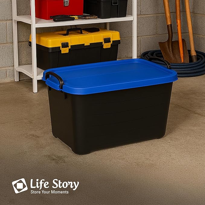 Life Story 6 Pack Heavy Duty Stackable Storage Bin, 55 Quart Home Organizer, Versatile Lightweight Locking Bins with Carrying Handles, Black/Blue