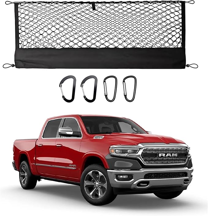 Truck Bed Cargo Net for Dodge Ram 1500 2019-2024 2025, Envelope Style Pickup Cargo Net with Storage Bag, Heavy Duty Elastic Mesh Organizer with Carabiners, Secures Groceries & Gear