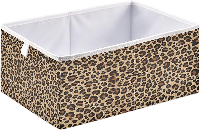 Brown Leopard Print Storage Baskets, 15.75x10.63x6.96 inch Foldable Decorative Fabric Storage Bins, Closet Organizer for Shelves, Clothes, Books & Bedroom Organization