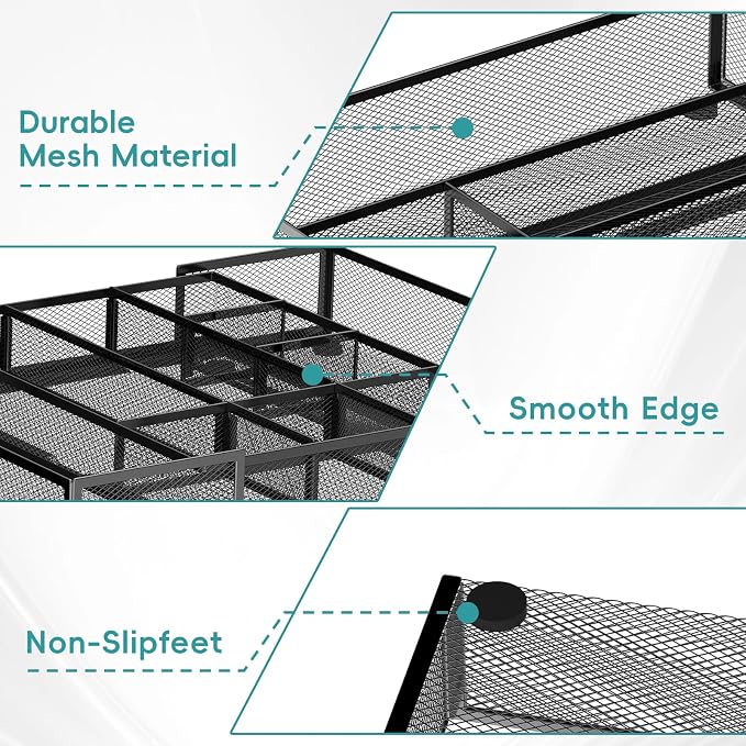 2 Pack Expandable Desk Drawer Organizer Tray with 10 Adjustable Compartments Metal Mesh Office Drawer Organizer for Home, School Supplies, Makeup Vanity & Jewelry (Black)