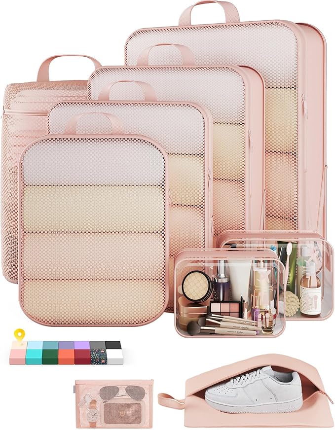 Veken 9/11 Set Compression Packing Cubes for Travel Essentials,Compressible Expandable Large Luggage Suitcase Organizer Bags for Clothing,Durable Space Saver Storage Bags with Toiletry Bags(Beige)