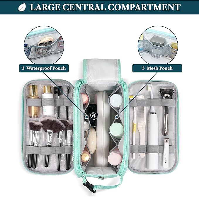 PAVILIA Toiletry Bag for Men Women, Hanging Travel Dopp Kit Organizer, PU Leather Water-Resistant Bathroom Bag for Shaving Grooming, Large Capacity Cosmetic Bag Travel Essentials, Teal Chevron